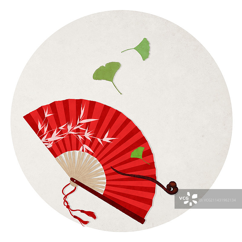 红色画扇银杏叶插画图片素材