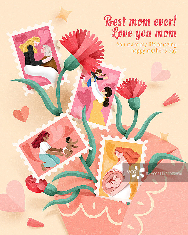 信封里母亲与孩子主题邮票与花卉装饰插画图片素材