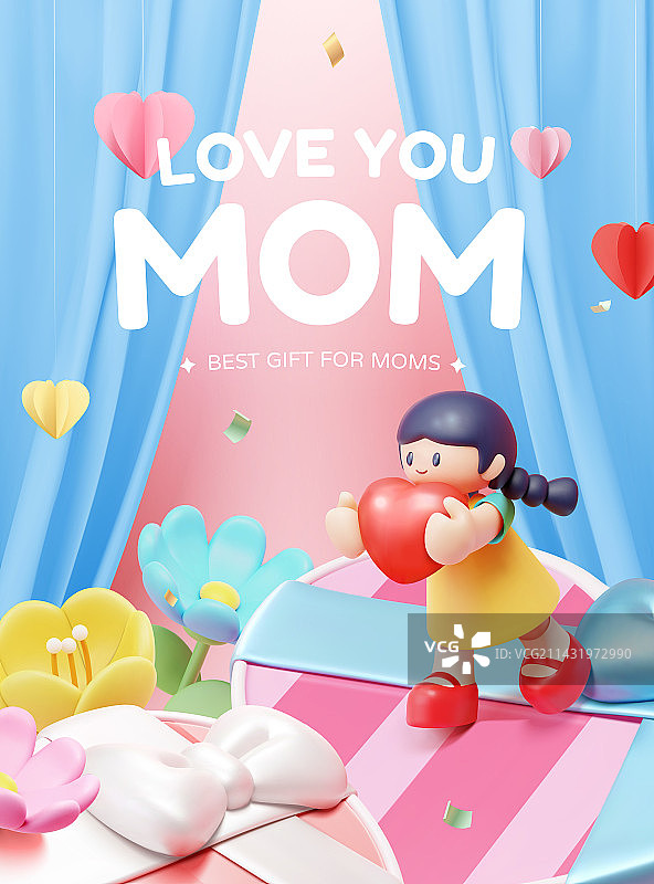 母亲节插画海报 礼盒上的可爱微型女孩图片素材