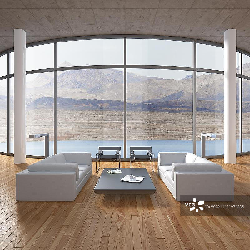 具有景观视野的Loft风格客厅，配有沙发、咖啡桌、柱子和橡木地板，3D图图片素材