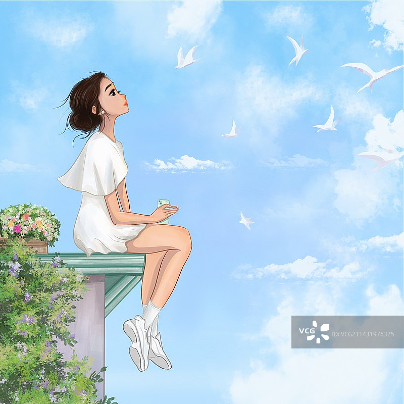 天台上的女孩图片素材