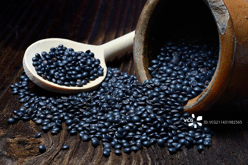 黑色小扁豆、 beluga 小扁豆、烹饪勺图片素材