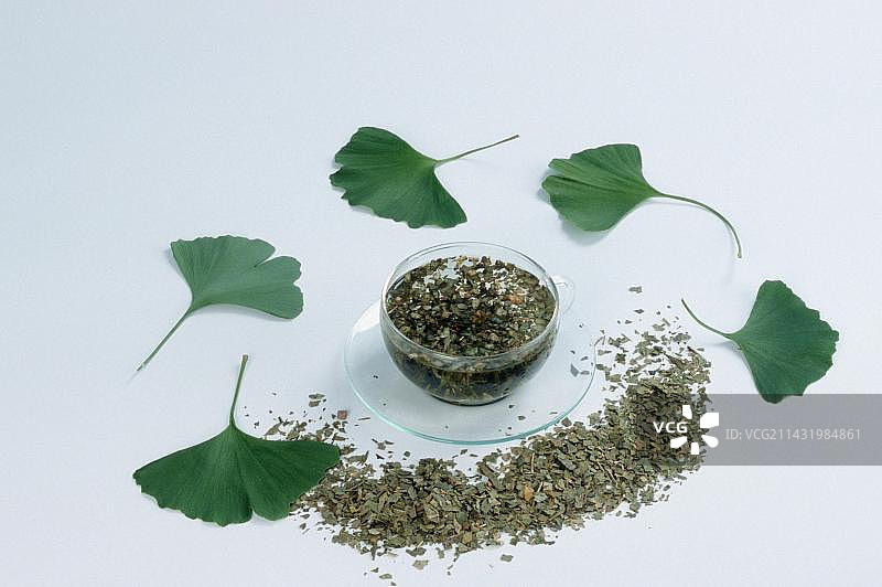 银杏叶（新鲜和干燥）与茶杯图片素材