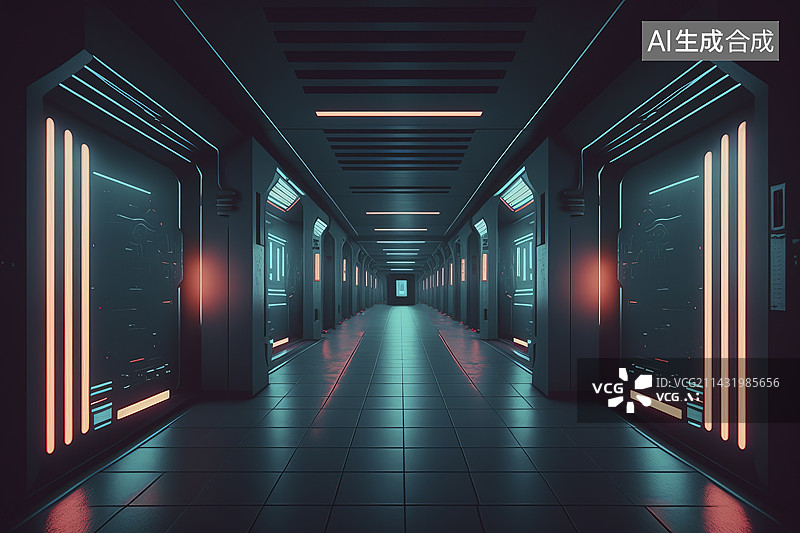 【AI数字艺术】赛博朋克风格飞船通道图片素材