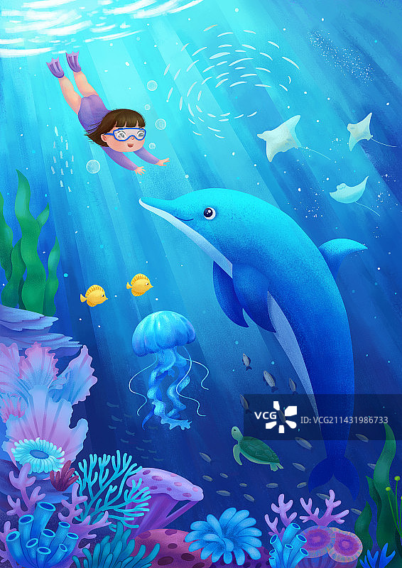 深海里，一个小女孩潜水游向海豚图片素材