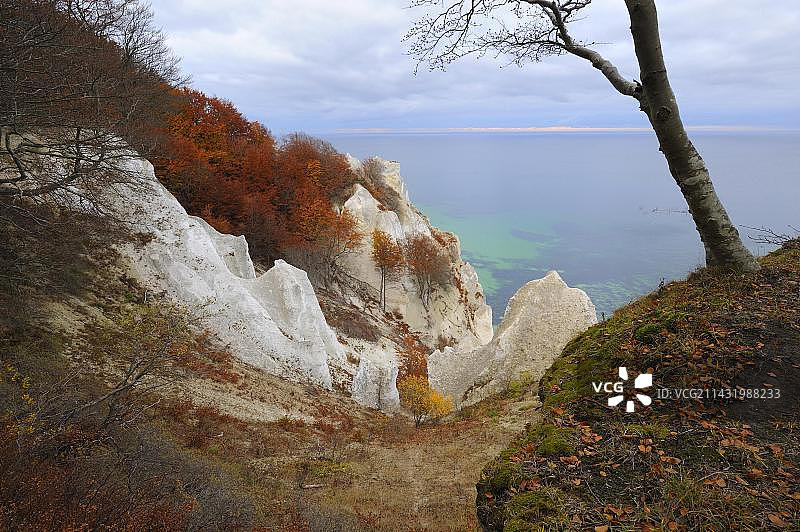 丹麦默恩岛白垩悬崖和波罗的海的秋季风光图片素材
