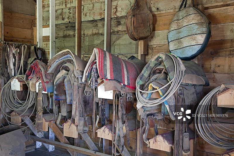 博哈特牧场马具棚内的马鞍、毯子、绳索和其他装备，美国科罗拉多州约德图片素材