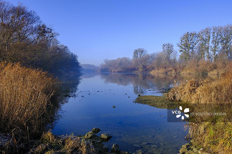 河岸森林，哈斯拉 traverse，多瑙河洪泛区国家公园，多瑙河畔哈斯拉，工业区，下奥地利州，奥地利，欧洲图片素材