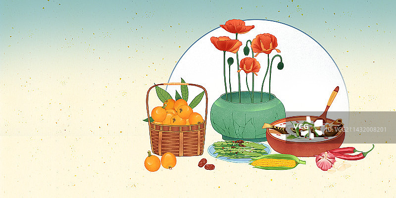 二十四节气小满美食枇杷凉拌苦菜鲫鱼豆腐汤玉米虞美人插画山水海图片素材