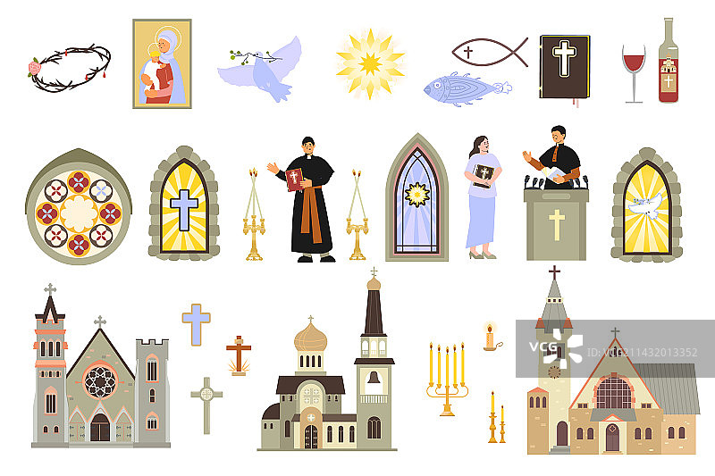 教堂扁平图标集图片素材