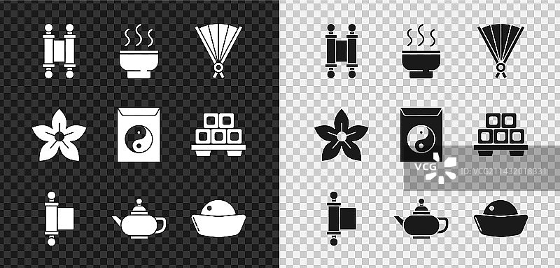 法令纸莎草卷轴和中国茶具套装图片素材