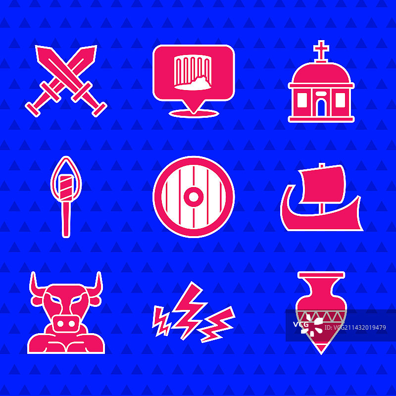 希腊盾牌宙斯双耳细颈瓶三列桨战船集合图片素材