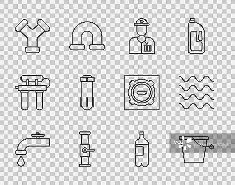 线条图标：水龙头水桶水管工工业管图片素材
