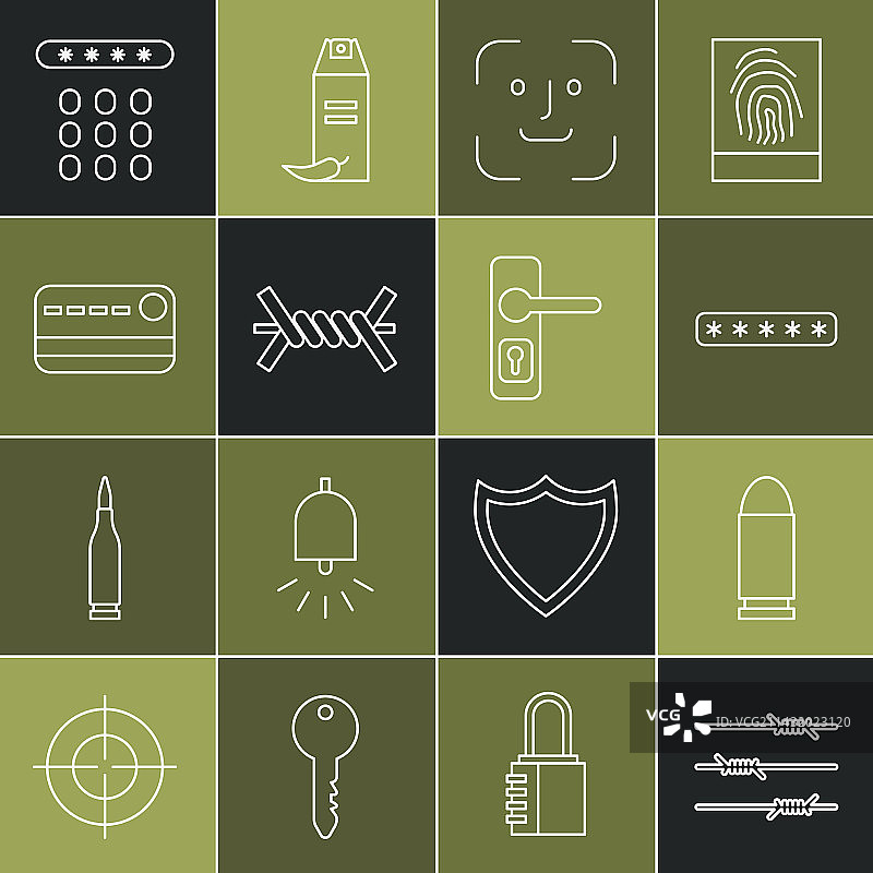 带刺铁丝网、子弹和密码保护线条图标图片素材