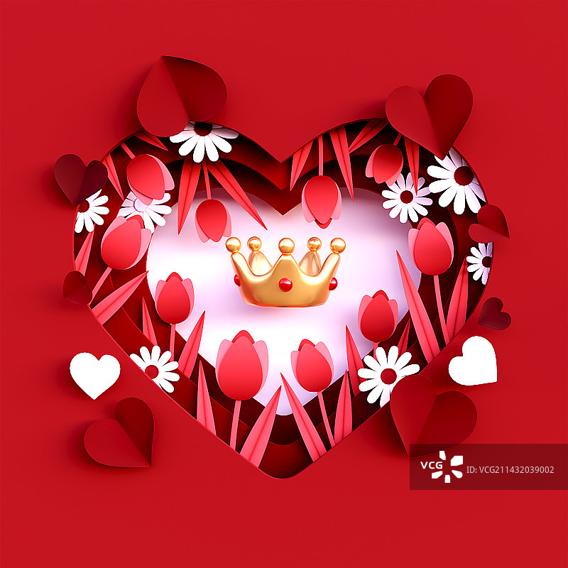 3D立体剪纸中国红爱心插图图片素材