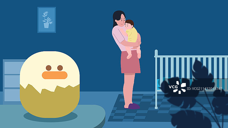 母爱亲情养育母亲节妈妈照顾宝宝玩耍深夜安抚婴幼儿睡觉温馨插画图片素材