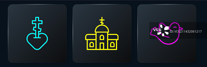 线条设置：心中的宗教十字架鸽子和教堂图片素材