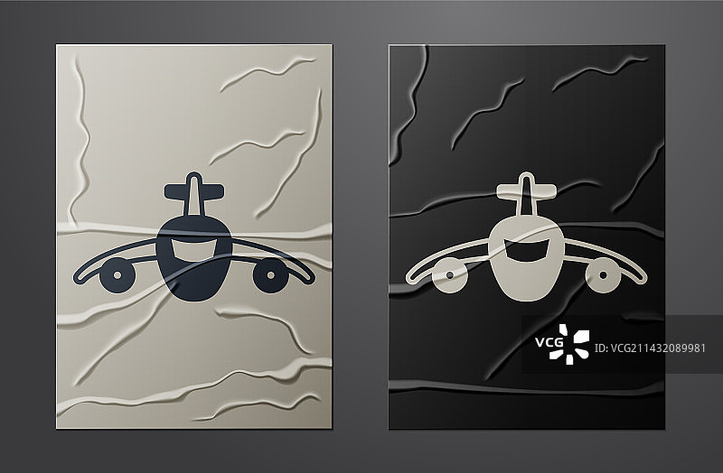 白色飞机图标，隔离在褶皱纸上图片素材