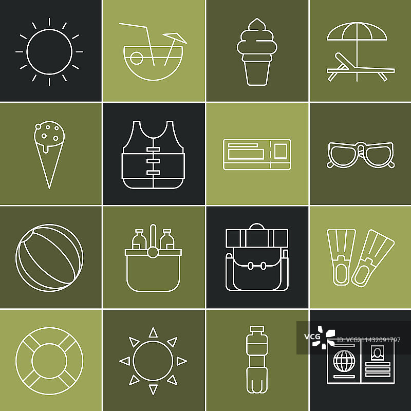 护照橡胶脚蹼墨镜冰块线条图标图片素材