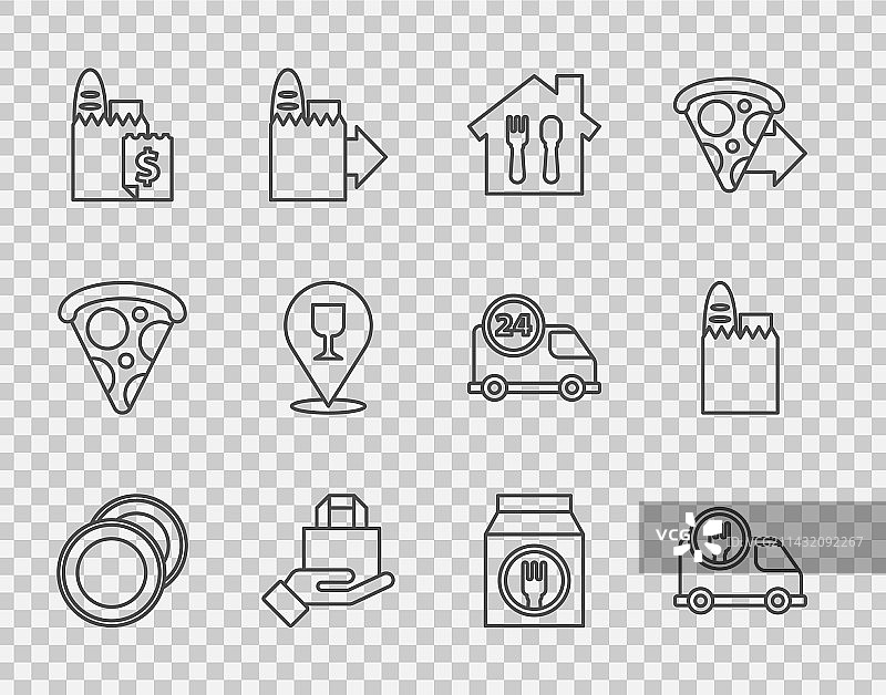 餐盘、汽车在线快送等线条组合图片素材