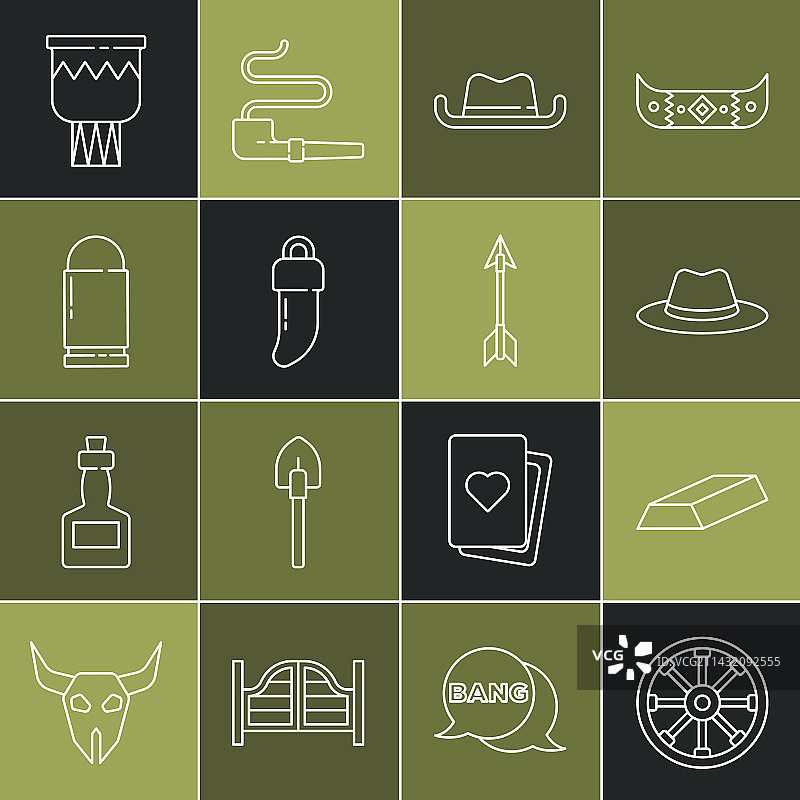 旧木轮、金条、西部元素线条图片素材