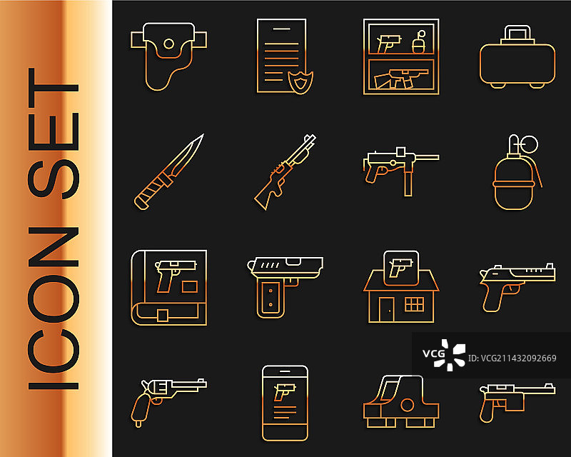 毛瑟枪、沙漠之鹰手枪、手榴弹线条组合图片素材