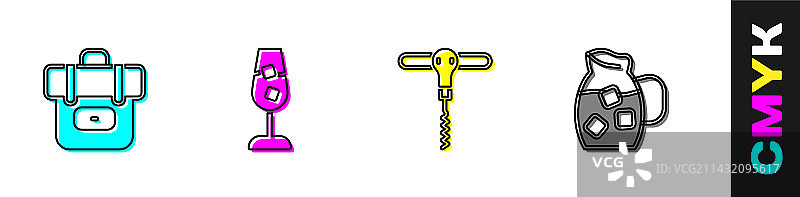 徒步旅行背包、葡萄酒杯、开瓶器和水壶套装图片素材