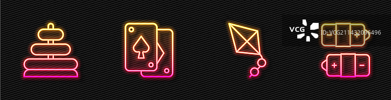 风筝、金字塔、玩具和扑克牌线条图标图片素材