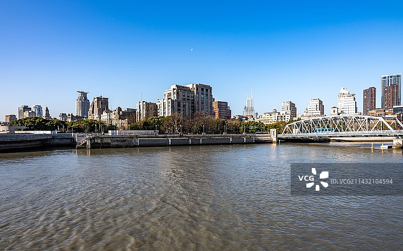 纯净蓝色天空背景下的上海外滩外白渡桥陆家嘴城市天际线黄浦江建筑景观.上海世纪同框广场看外滩图片素材