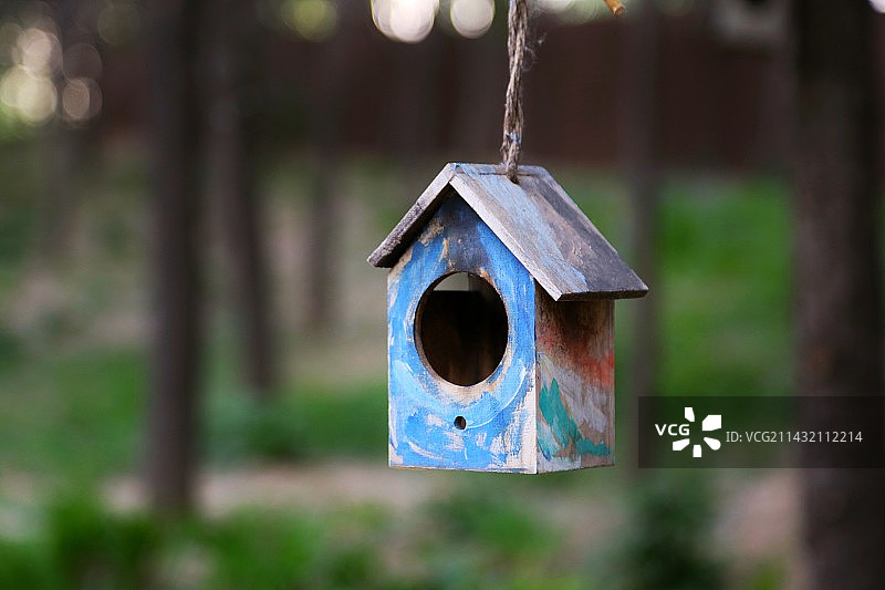 树林里的木质小鸟笼特写图片素材