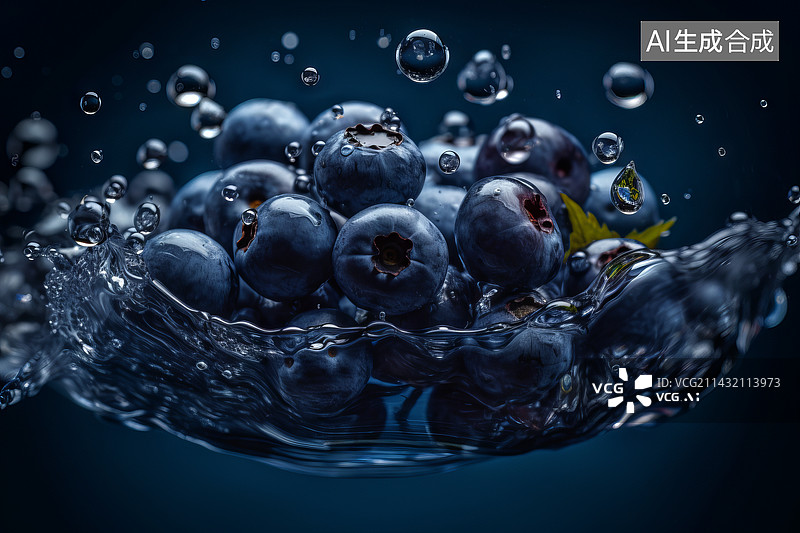 【AI数字艺术】黑色背景下的蓝莓入水的特写镜头图片素材