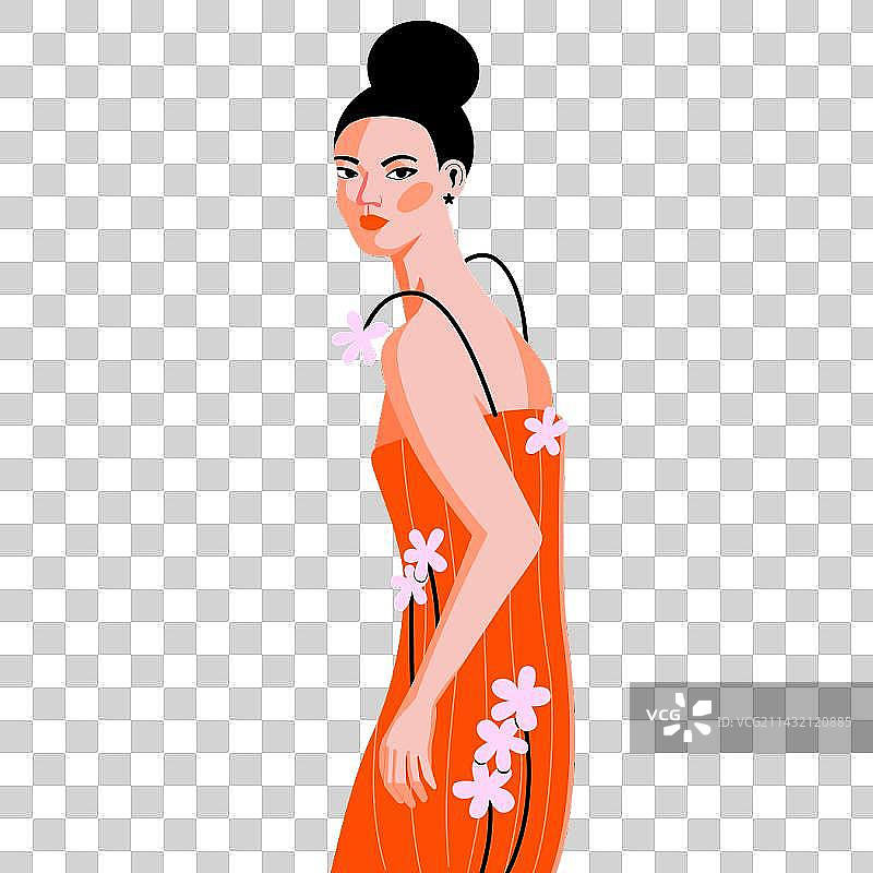 时尚红裙子亚洲女性侧身像图片素材