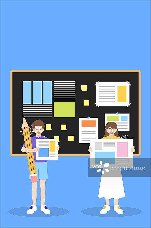 在黑板前介绍课题内容的学生们插画竖版图片素材