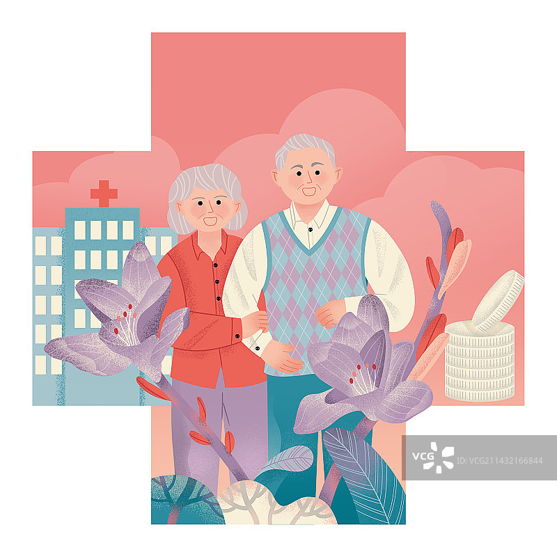 老年人医疗金融扁平风肌理插画图片素材