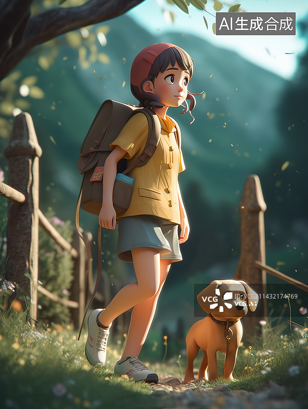 【AI数字艺术】三维人物女孩徒步插画图片素材
