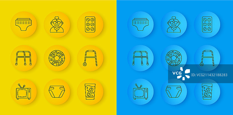 复古电视、助行器、维生素药丸和假牙图标图片素材