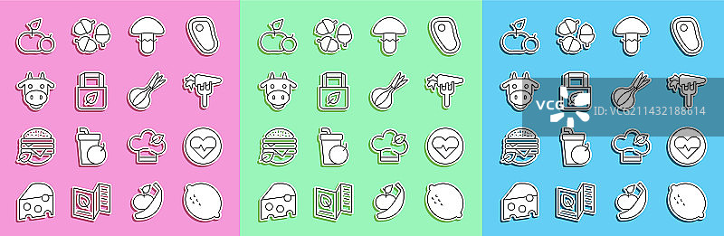 柠檬、心率、胡萝卜和蘑菇线条组合图片素材