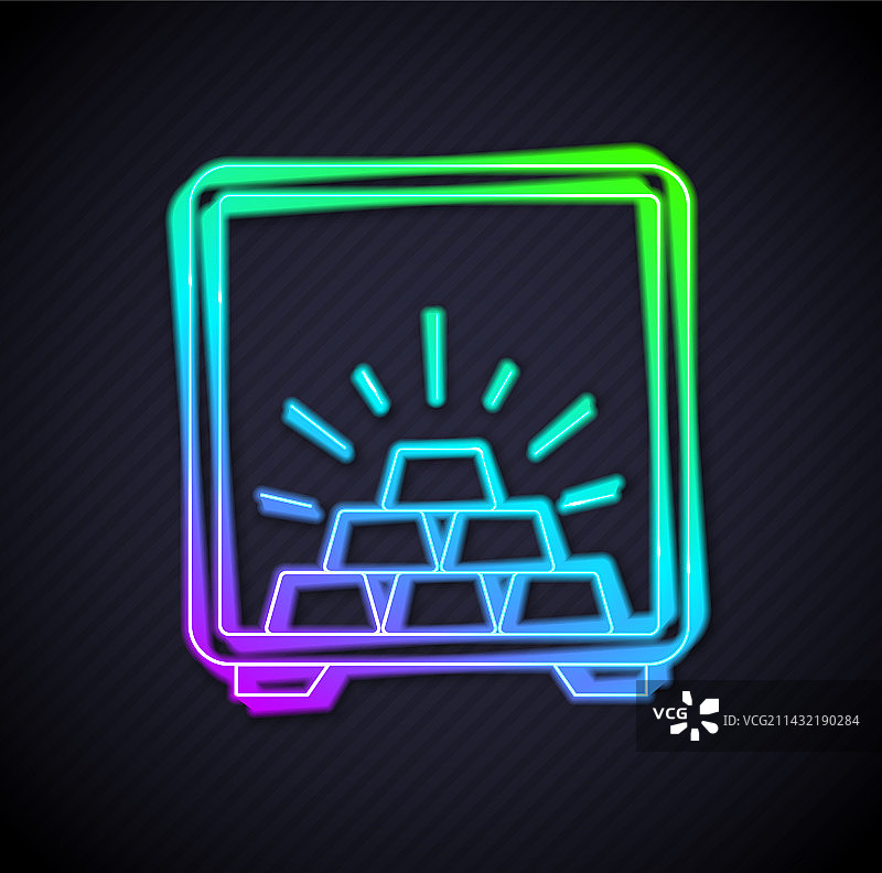 发光霓虹线与金条保险箱图标图片素材