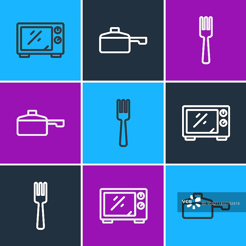 成套线条微波炉、叉子和平底锅图标图片素材