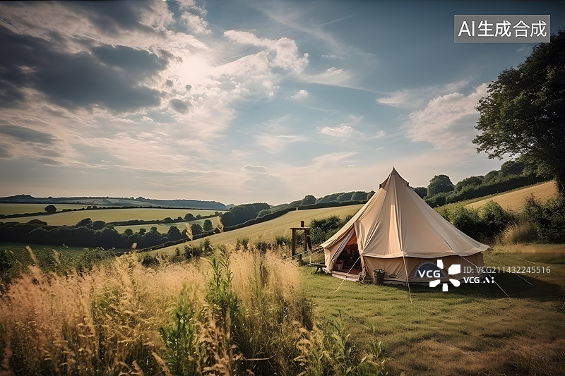 【AI数字艺术】户外露营星空帐篷营地，露营帐篷、露营帐篷和椅子。生活方式概念和露营假期素材图片素材