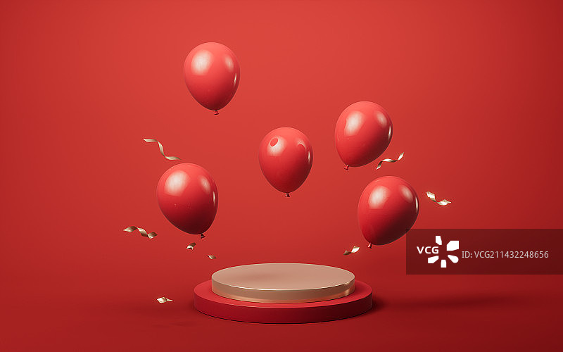 红色气球与展示台3D渲染图片素材