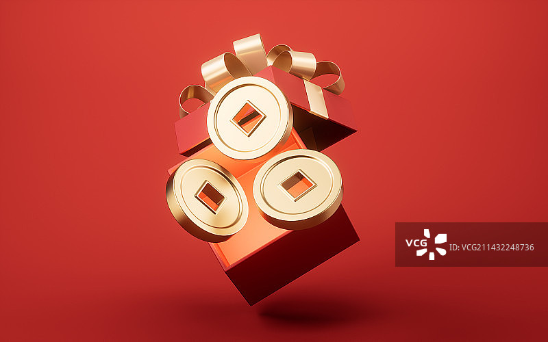 礼物盒与金币3D渲染图片素材