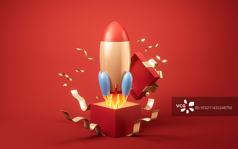 打开的礼物盒与火箭3D渲染图片素材
