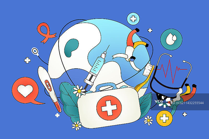 卡通医疗健康世界地球日医生医药学科科研团队商务体检保险治疗社会民生安全科技概念渐变矢量插画图片素材