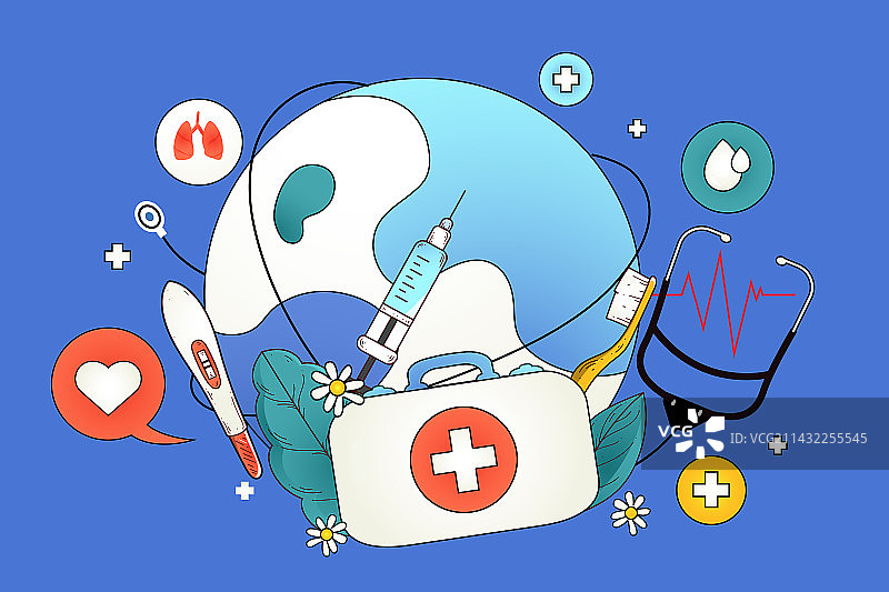 卡通医疗健康世界地球日医生医药学科科研团队商务体检保险治疗社会民生安全科技概念渐变矢量插画图片素材
