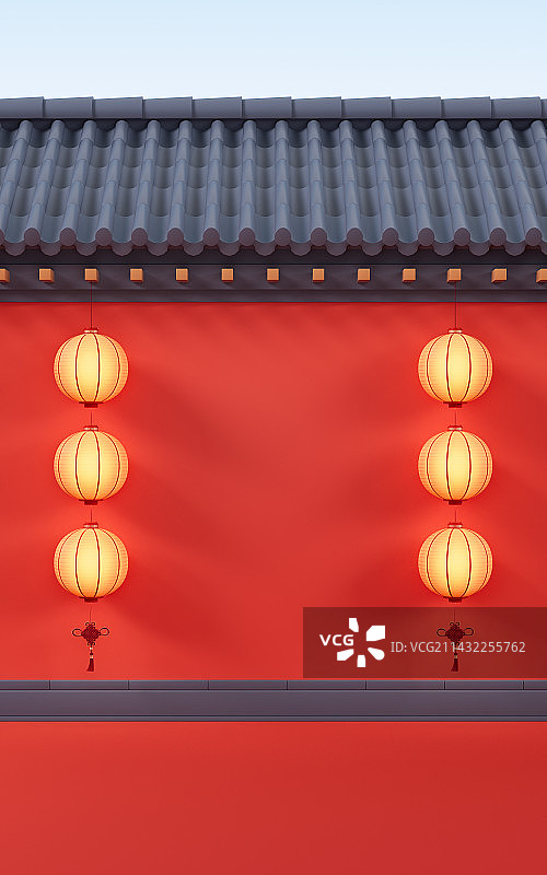 中国风古典红墙建筑3D渲染图片素材