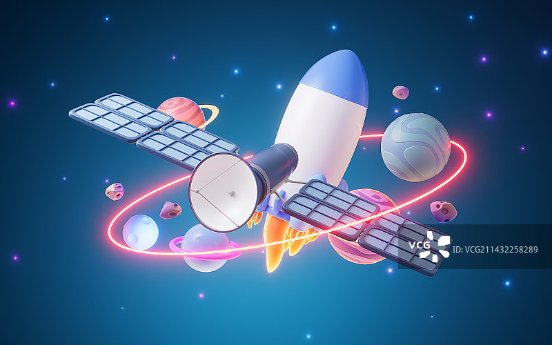 火箭与外太空卡通3D渲染图片素材