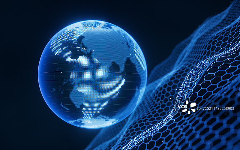 数字星球与蓝色科技概念背景3D渲染图片素材