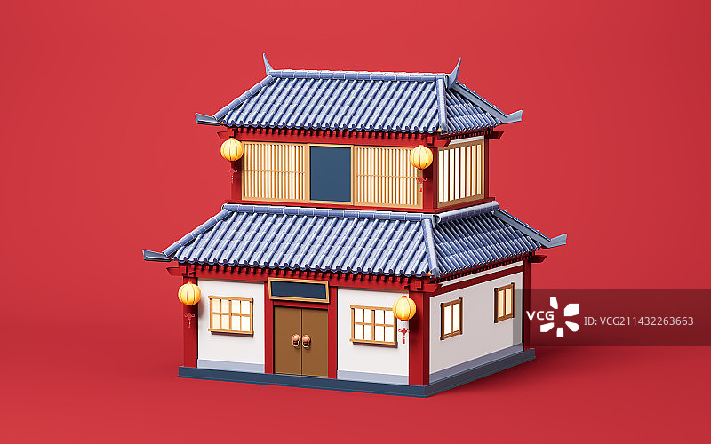 中国风复古古楼建筑3D渲染图片素材