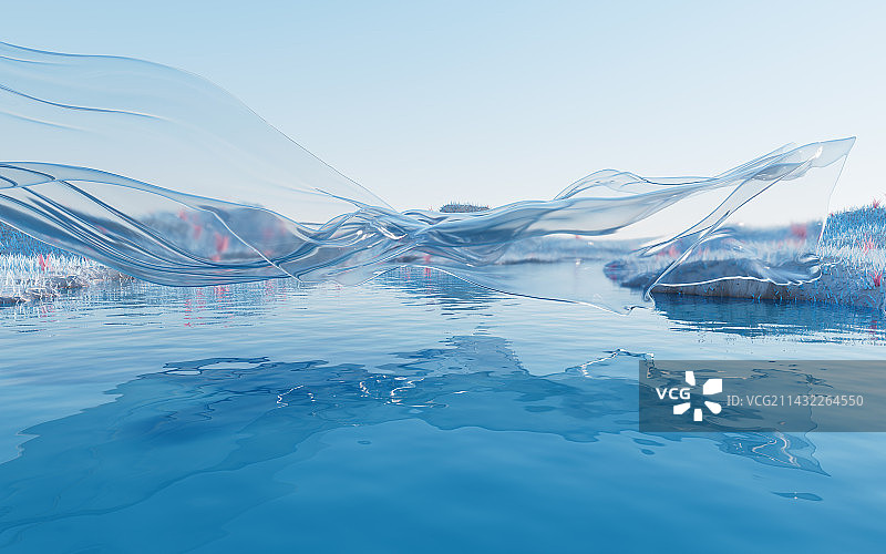 蓝色湖面与流动的透明布料3D渲染图片素材